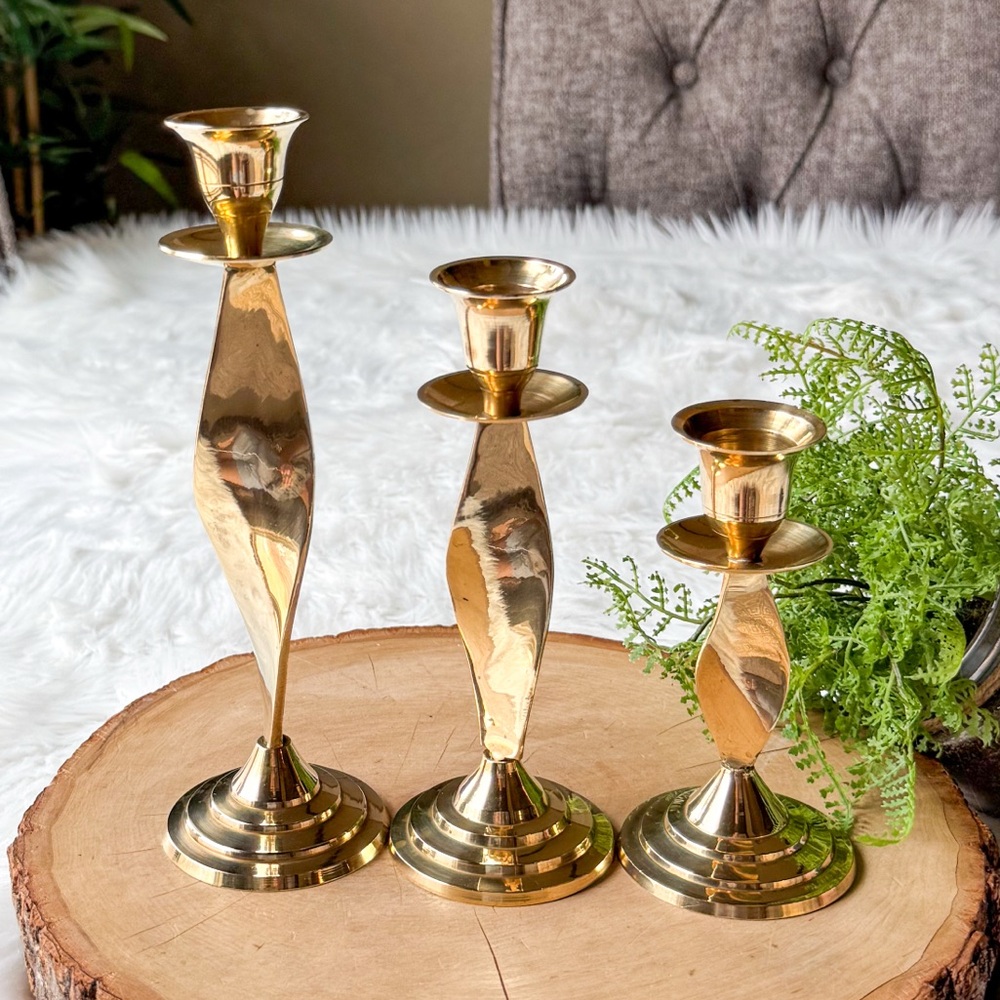 Vintage Brass Candle Holders Set of 3 Twist Graduating Swirl Candle Mid Century